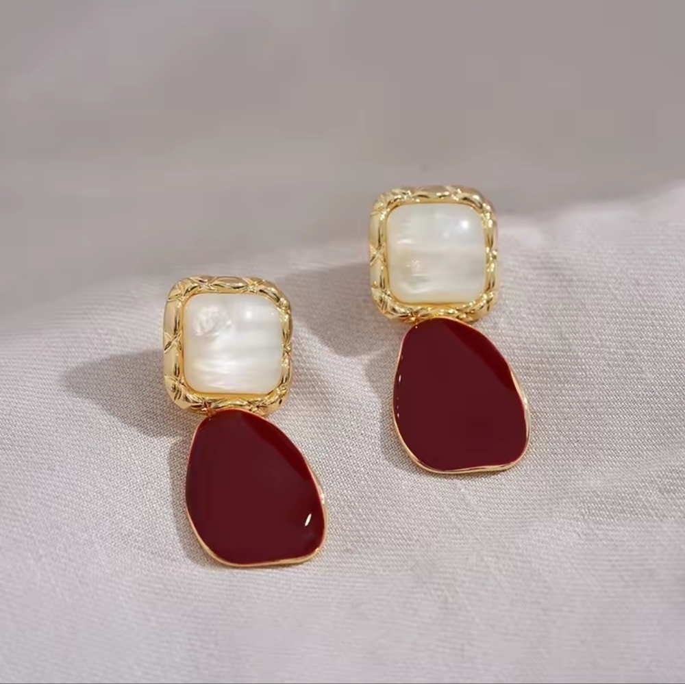 Gold and Red Drop Earrings